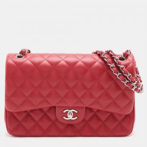Pre Owned Chanel Red Jumbo Classic Lambskin Double Flap