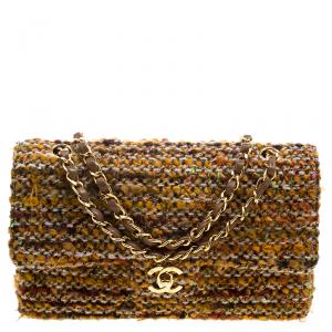 Pre Owned Chanel Brown Quilted Tweed Medium Classic Double Flap Bag