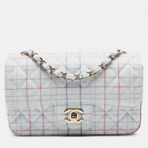 Pre Owned Chanel White Mini Rectangular Classic Printed Calfskin Single Flap