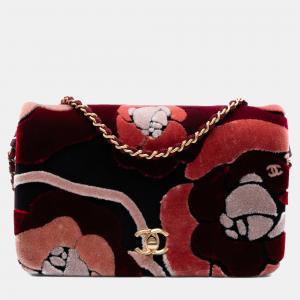 Pre Owned Chanel Red Paris Cosmopolite Velvet Camellia Flap
