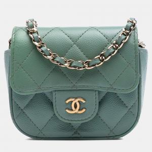 Pre Owned Chanel Green Micro Mini Classic Caviar Single Flap