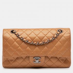 Pre Owned Chanel Brown Medium Classic Metallic Caviar Double Flap