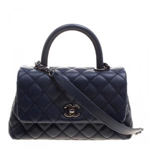 Pre Owned Chanel Navy Blue Quilted Caviar Leather Mini Coco Top Handle Bag