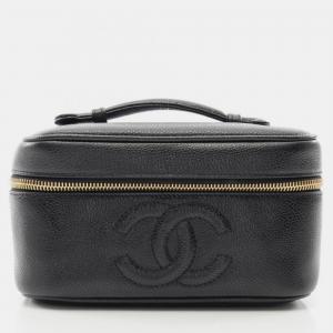 Pre Owned Chanel Coco Mark Vanity Handbag Leather Grained Calfskin Black