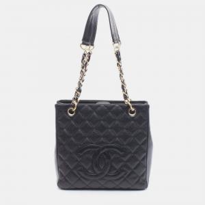 Pre Owned Chanel Coco CC Matelasse PST Black Calfskin Chain Tote Bag 