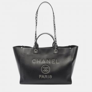 Pre Owned Chanel Deauville Tote Chain Shoulder Bag Calf Leather Black