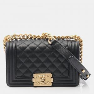 Pre Owned Chanel Boy Chanel Small Chain Shoulder Bag Grained Calf Black