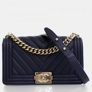 Pre Owned Chanel Medium Navy Caviar Chevron Boy Bag