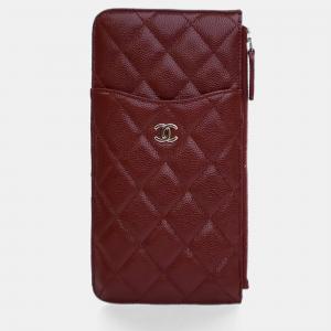 Pre Owned Chanel Red Caviar Classic Flat Wallet Pouch
