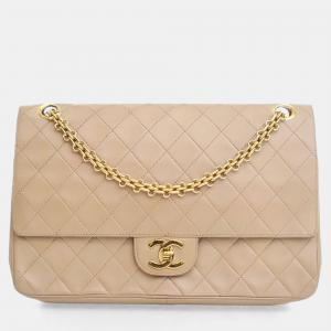 Pre Owned Chanel Vintage Medium Beige Lambskin Classic Double Flap Bag