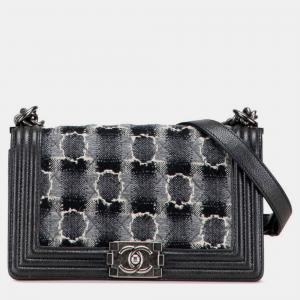 مملوكة مسبقًا Chanel Check Boy 25 Coco Mark Chain Shoulder Bag In Black Gray Wool And Caviar Skin