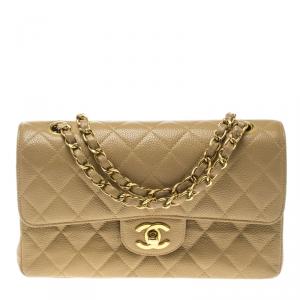 مملوكة مسبقًا Chanel Beige Quilted Caviar Leather Small Classic Double Flap Bag