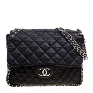 Pre Owned Chanel Black Leather Maxi Chain Around Flap Shoulder Bag