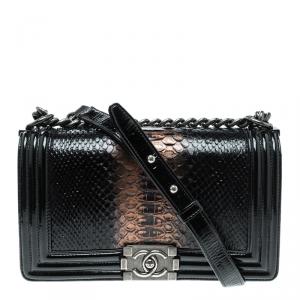Chanel Black Ombre Python and Patent Leather Medium Boy Flap Bag