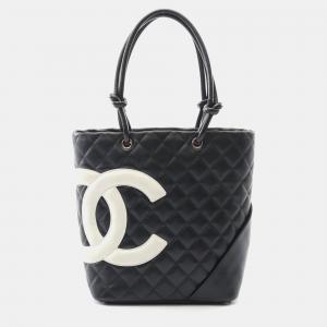 مملوكة مسبقًا حقيبة يد توت شانيل كامبون متوسطة جلد سوداء وبيضاء