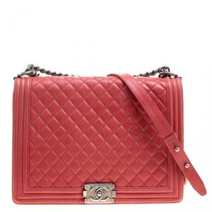 Pre Owned Chanel Red Quilted Leather Large Boy Flap Bag