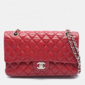 Pre Owned Chanel Matelasse Double Flap Shoulder Bag In Grained Calfskin Caviar Red
