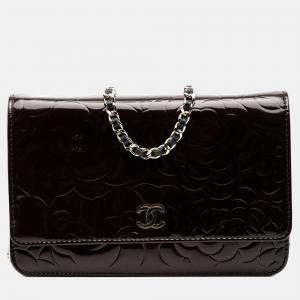 Pre Owned Chanel Brown CC Embossed Patent Camellia Wallet On Chain