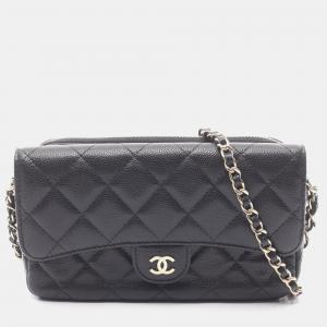 Pre Owned Chanel Matelasse Chain Phone Case Wallet Shoulder Bag In Calfskin Leather Black