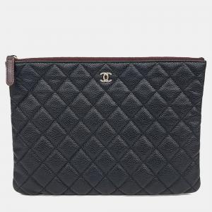 Pre Owned Chanel Black Leather Caviar Clutch New Medium