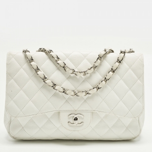 Pre Owned Chanel Classic Single Flap Jumbo White Quilted Caviar Leather Flap Bag
