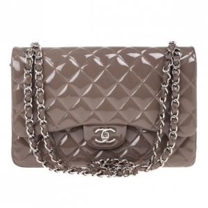 Pre Owned Chanel Beige Patent Classic Jumbo Flap Bag