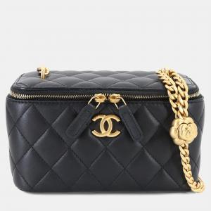 Pre Owned Chanel Matelasse Small Vanity Case Chain Shoulder Handbag In Black Lambskin With Camellia Pattern