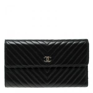 Chanel Black Chevron Leather CC Flap Wallet