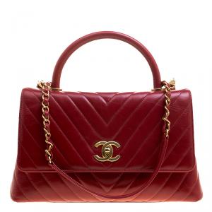 Pre Owned Chanel Red Chevron Quilted Leather Small Coco Top Handle Bag