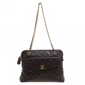Pre Owned Chanel Brown Quilted Leather Vintage Front Pocket Shoulder Bag