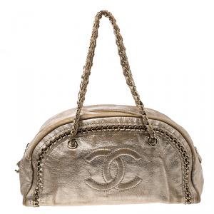 Pre Owned Chanel Metallic Gold Leather Medium Chain Trim Luxe Ligne Bowler Boston Bag