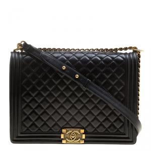 Pre Owned Chanel Black Quilted Glazed Leather Large Boy Flap Bag