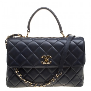 Pre Owned Chanel Navy Blue Quilted Leather Medium Flap Top Handle Bag