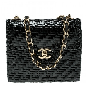 Pre Owned Chanel Black Glazed Wicker Mini Vintage Flap Bag