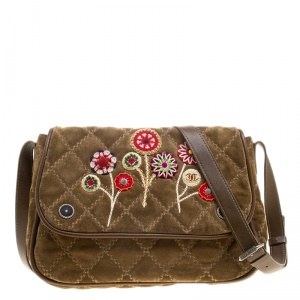 Pre Owned Chanel Khaki Quilted Stitch Suede Embroidered Crossbody Flap Bag