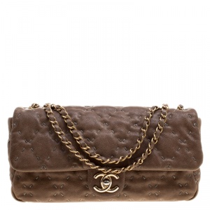 Pre Owned Chanel Taupe Quilted Wild Stitch Caviar Leather Classic Flap Shoulder Bag