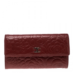 Chanel Dark Red Leather Camellia Continental Wallet