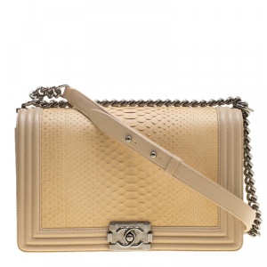 Pre Owned Chanel Beige Python Large Boy Bag
