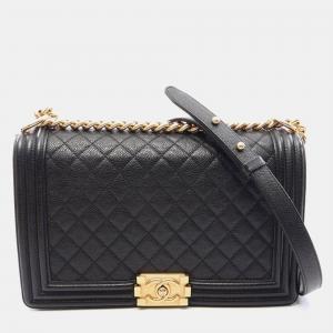 Pre Owned Chanel Boy Medium Black Grained Caviar Leather Shoulder Bag