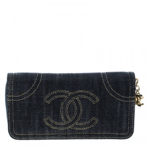 Chanel Blue Denim CC Zip Around Wallet