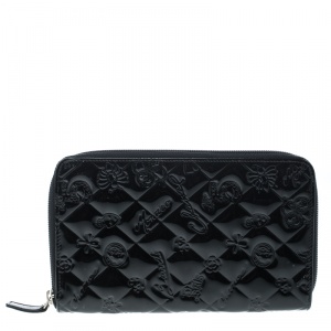 Chanel Black Quilted Patent Leather Embossed Lucky Symbols Zip Around Wallet