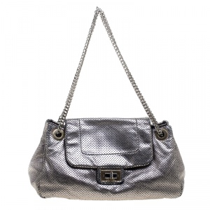 Pre Owned Chanel Grey Drill Perforated Leather Large Classic Flap Accordion Bag