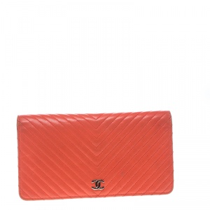 Chanel Orange Chevron Leather CC Long Wallet
