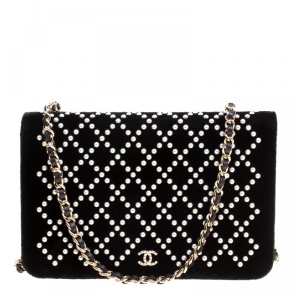 Chanel Black Pearl Quilted Velvet WOC Wallet