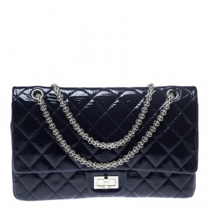 Pre Owned Chanel Blue Quilted Patent Leather Reissue 2.55 Classic 227 Flap Bag