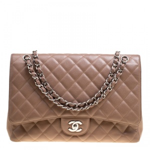 Pre Owned Chanel Pale Taupe Quilted Leather Maxi Classic Single Flap Bag