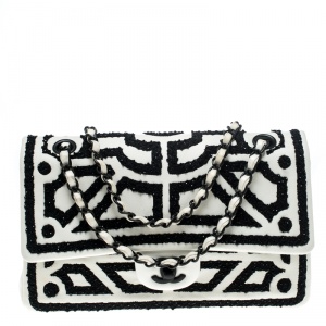 Pre Owned Chanel White Leather Embroidered Medium Classic Double Flap Bag