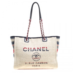 Pre Owned Chanel Beige Multicolor Canvas Deauville Shopper Tote
