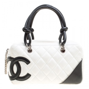 Pre Owned Chanel White/Black Quilted Leather Cambon Ligne Bowler Bag