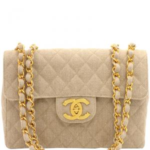 Pre Owned Chanel Beige Quilted Canvas Jumbo Vintage Flap Bag